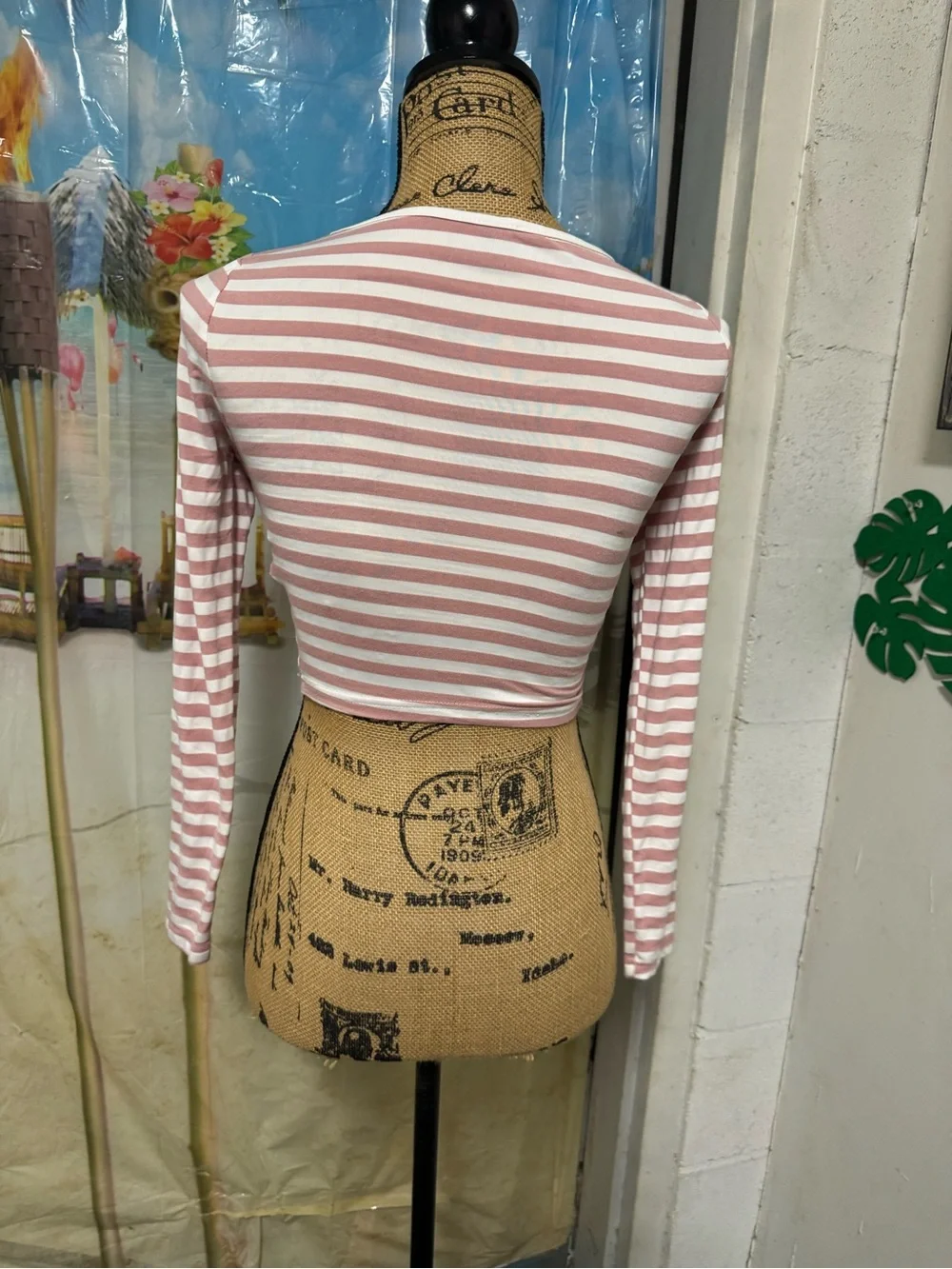 SHEIN Pink & White Striped V-Neck Long Sleeve Crop Top